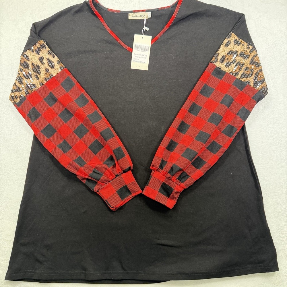 NWT Southern Stitch Red Black Checkered and Cheetah Sleeves Blouse - Medium